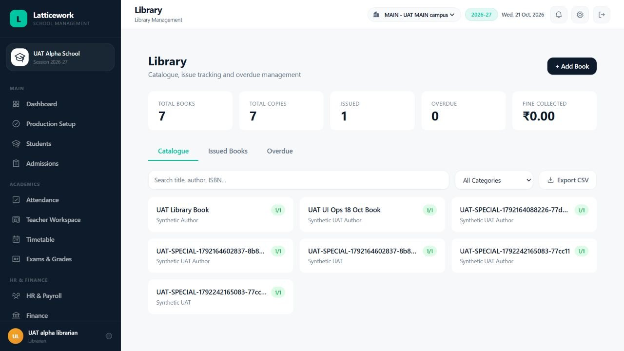 Latticework Library catalogue showing synthetic school test data